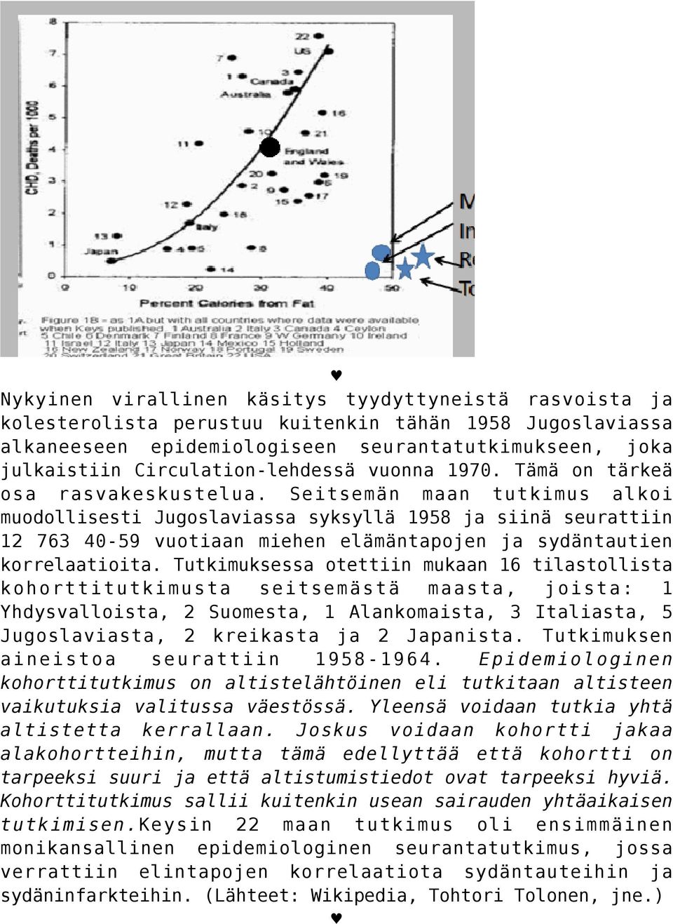 Seitsemän maan tutkimus alkoi muodollisesti Jugoslaviassa syksyllä 1958 ja siinä seurattiin 12 763 40-59 vuotiaan miehen elämäntapojen ja sydäntautien korrelaatioita.