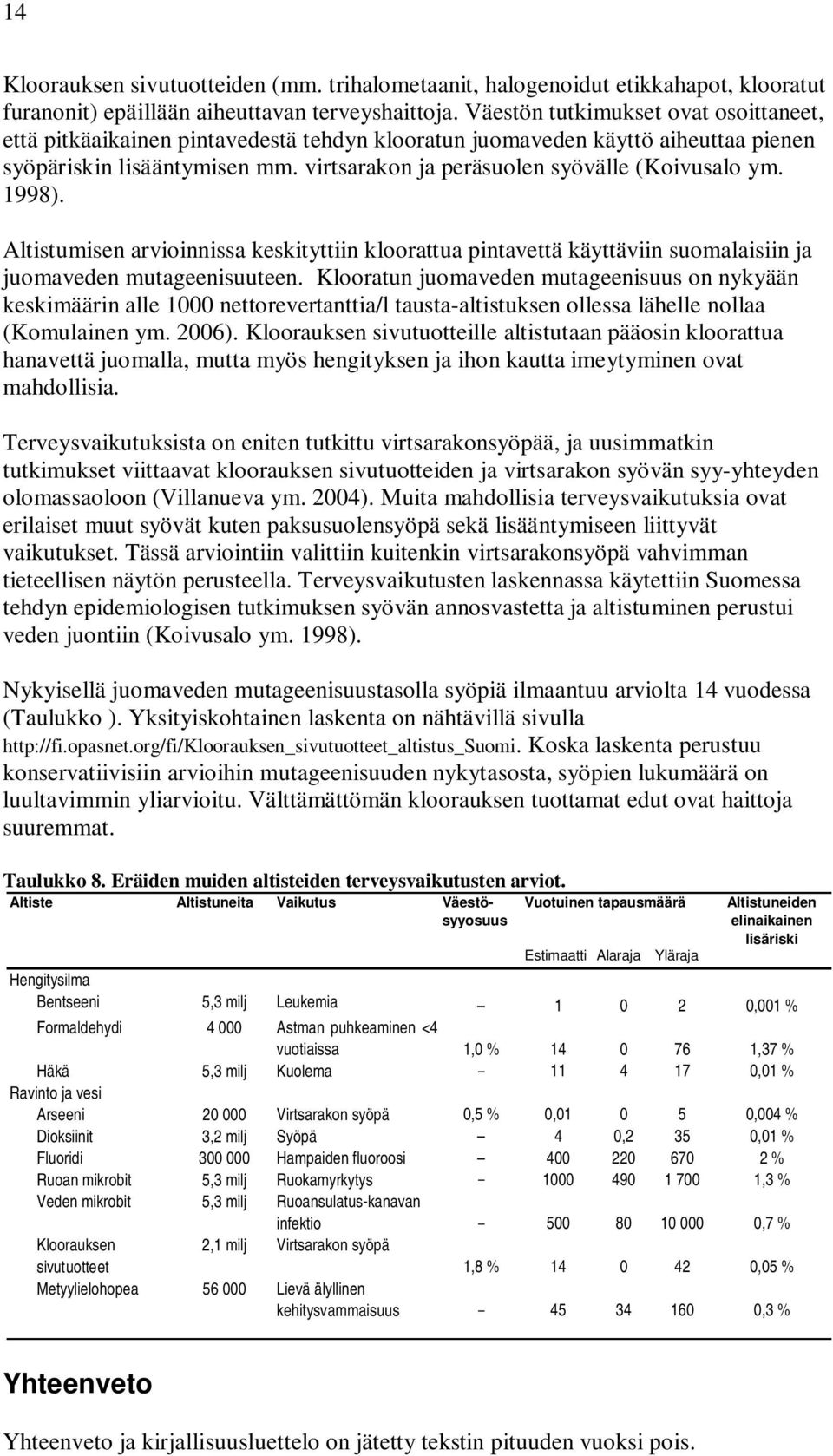virtsarakon ja peräsuolen syövälle (Koivusalo ym. 1998). Altistumisen arvioinnissa keskityttiin kloorattua pintavettä käyttäviin suomalaisiin ja juomaveden mutageenisuuteen.