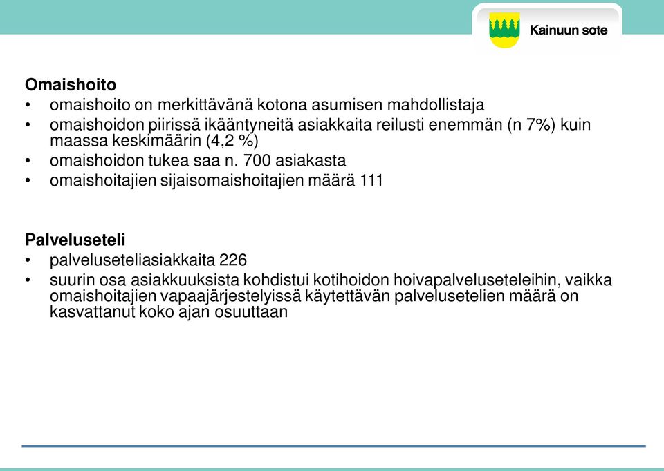 700 asiakasta omaishoitajien sijaisomaishoitajien määrä 111 Palveluseteli palveluseteliasiakkaita 226 suurin osa