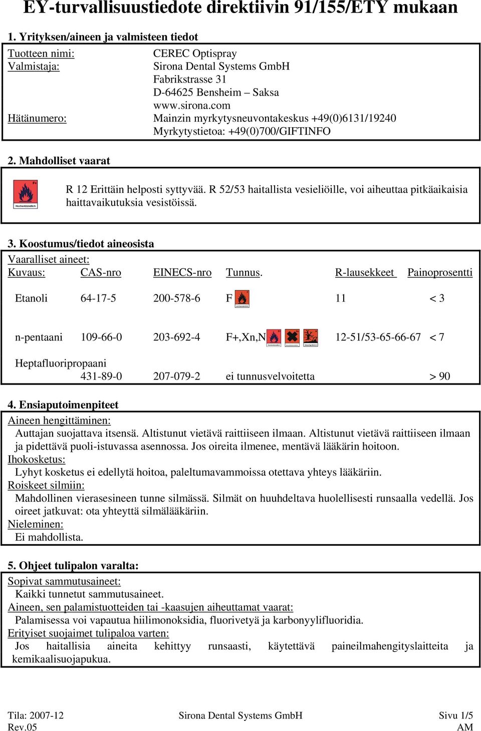 com Hätänumero: Mainzin myrkytysneuvontakeskus +49(0)6131/19240 Myrkytystietoa: +49(0)700/GIFTINFO 2. Mahdolliset vaarat R 12 Erittäin helposti syttyvää.