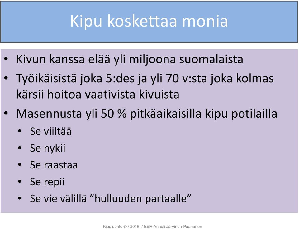 vaativista kivuista Masennusta yli 50 % pitkäaikaisilla kipu