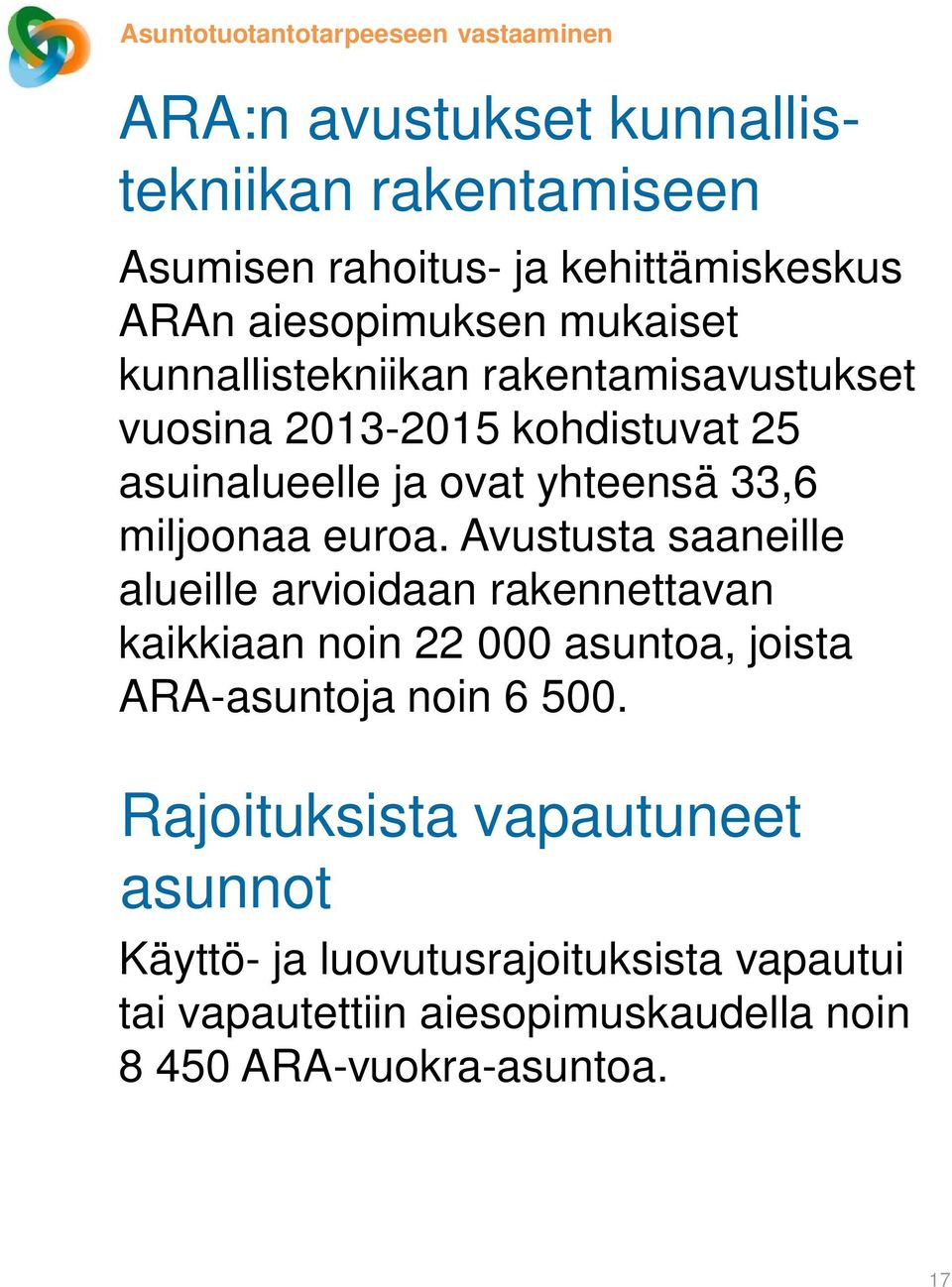 miljoonaa euroa. Avustusta saaneille alueille arvioidaan rakennettavan kaikkiaan noin 22 000 asuntoa, joista ARA-asuntoja noin 6 500.