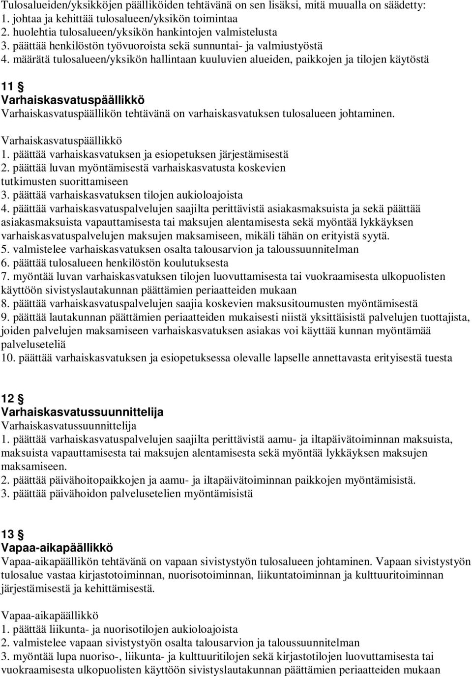 määrätä tulosalueen/yksikön hallintaan kuuluvien alueiden, paikkojen ja tilojen käytöstä 11 Varhaiskasvatuspäällikkö Varhaiskasvatuspäällikön tehtävänä on varhaiskasvatuksen tulosalueen johtaminen.