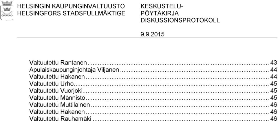 .. 44 Valtuutettu Urho... 45 Valtuutettu Vuorjoki... 45 Valtuutettu Männistö.