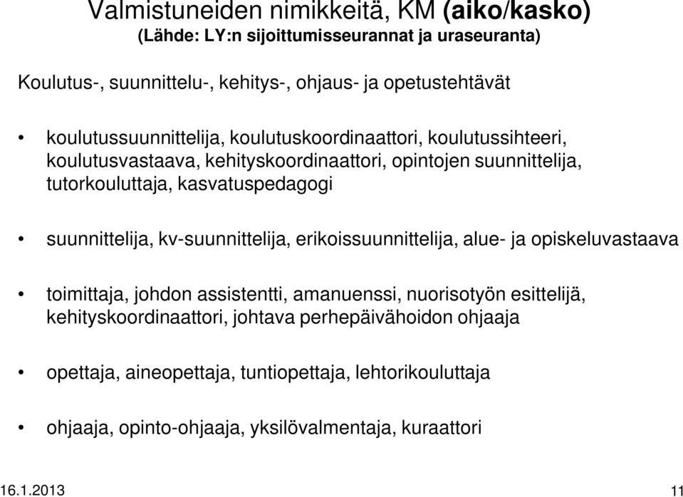 kasvatuspedagogi suunnittelija, kv-suunnittelija, erikoissuunnittelija, alue- ja opiskeluvastaava toimittaja, johdon assistentti, amanuenssi, nuorisotyön