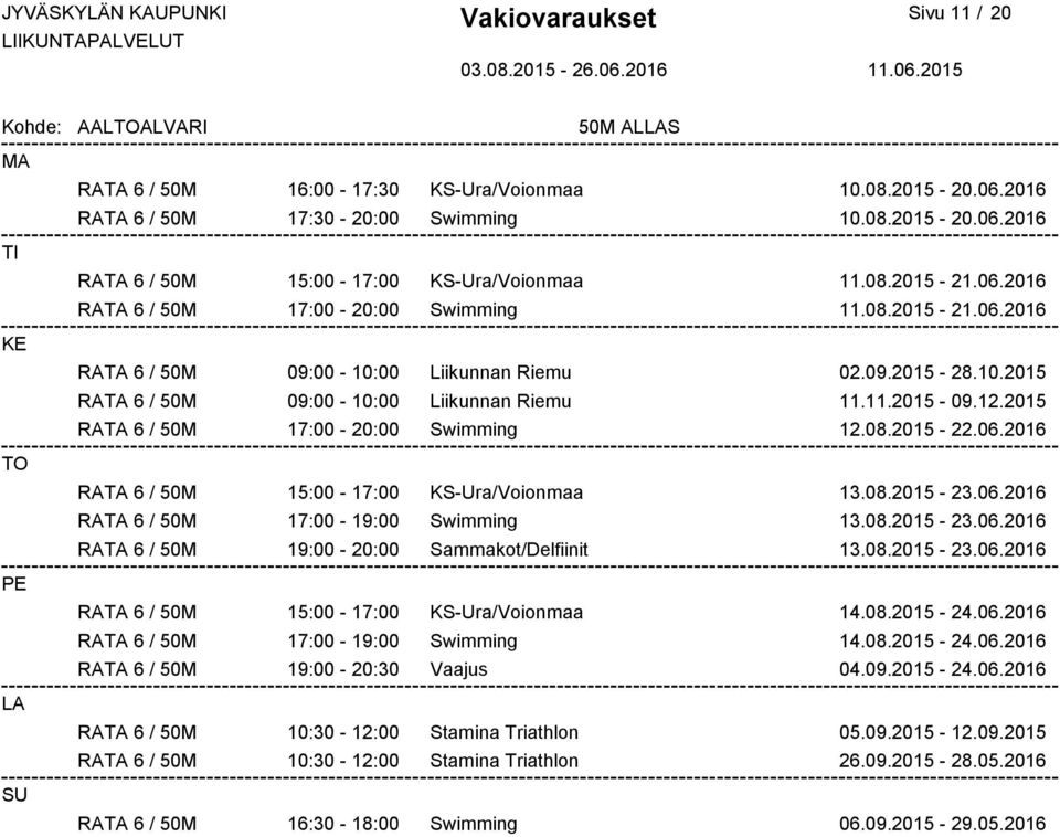 08.2015-23.06.2016 RATA 6 / 50M 17:00-19:00 Swimming 13.08.2015-23.06.2016 RATA 6 / 50M 19:00-20:00 Sammakot/Delfiinit 13.08.2015-23.06.2016 PE RATA 6 / 50M 15:00-17:00 KS-Ura/Voionmaa 14.08.2015-24.