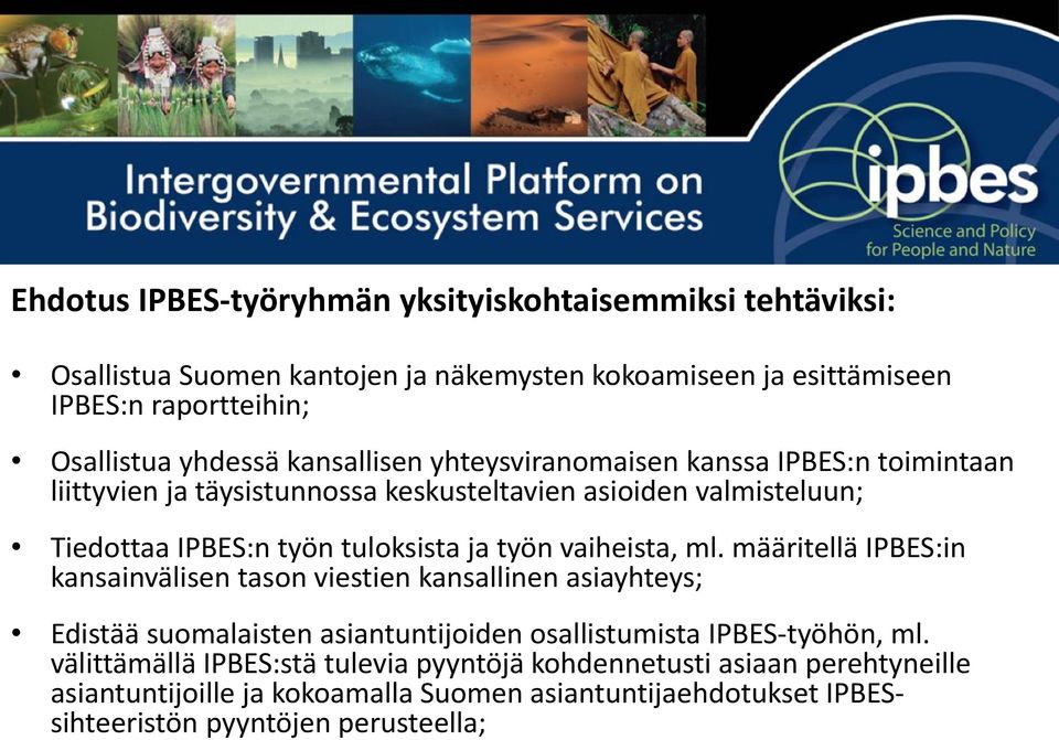 ja työn vaiheista, ml. määritellä IPBES:in kansainvälisen tason viestien kansallinen asiayhteys; Edistää suomalaisten asiantuntijoiden osallistumista IPBES-työhön, ml.