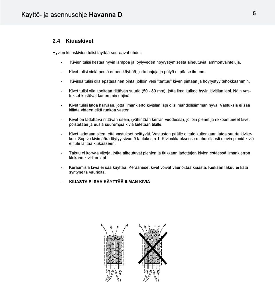 - Kivet tulisi olla kooltaan riittävän suuria (50-80 mm), jotta ilma kulkee hyvin kivitilan läpi. Näin vastukset kestävät kauemmin ehjinä.