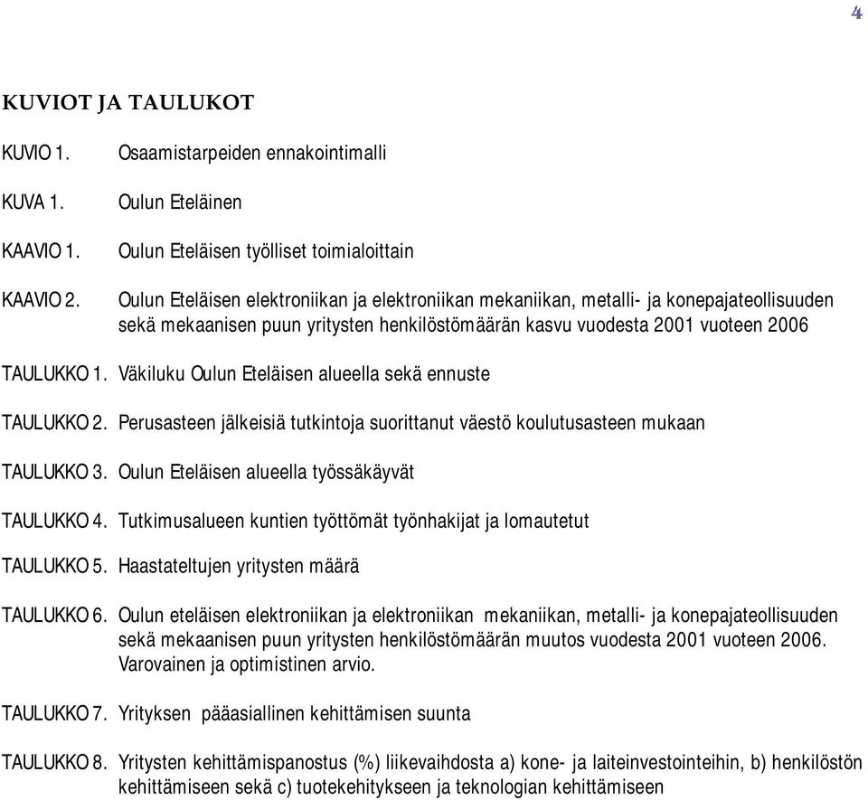 yritysten henkilöstömäärän kasvu vudesta 2001 vuteen 2006 TAULUKKO 1. Väkiluku Oulun Eteläisen alueella sekä ennuste TAULUKKO 2.