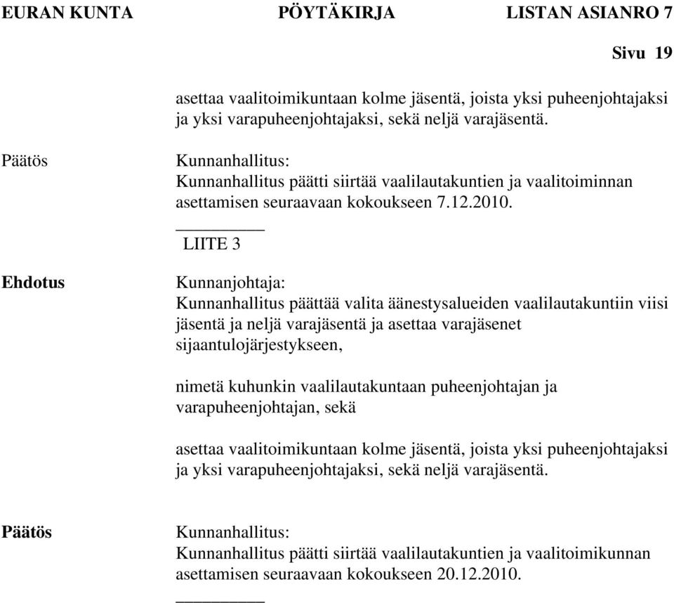 LIITE 3 Kunnanhallitus päättää valita äänestysalueiden vaalilautakuntiin viisi jäsentä ja neljä varajäsentä ja asettaa varajäsenet sijaantulojärjestykseen, nimetä kuhunkin