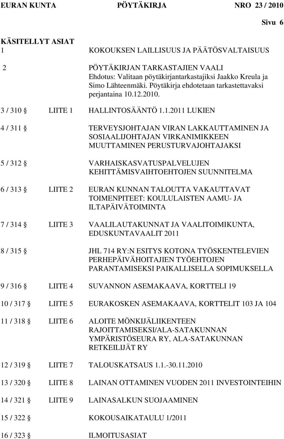 .12.2010. 3 / 310 LIITE 1 HALLINTOSÄÄNTÖ 1.1.2011 LUKIEN 4 / 311 TERVEYSJOHTAJAN VIRAN LAKKAUTTAMINEN JA SOSIAALIJOHTAJAN VIRKANIMIKKEEN MUUTTAMINEN PERUSTURVAJOHTAJAKSI 5 / 312