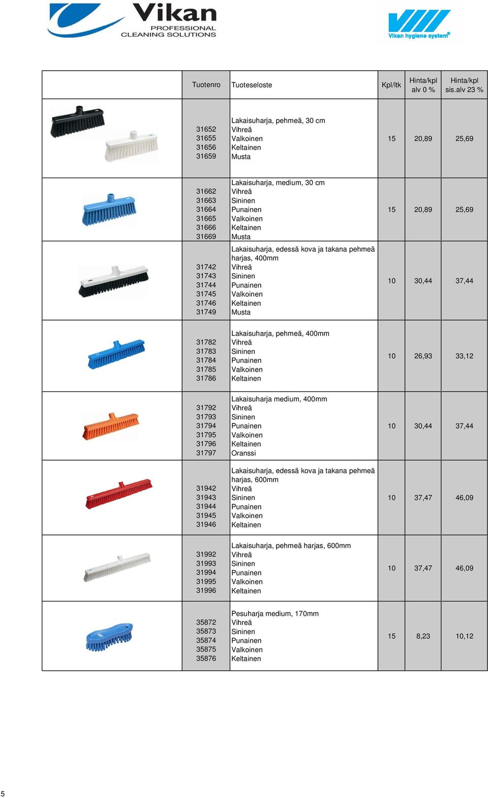 31943 31944 31945 31946 Lakaisuharja, pehmeä, 400mm Lakaisuharja medium, 400mm Lakaisuharja, edessä kova ja takana pehmeä harjas, 600mm 10 26,93 33,12 10 30,44