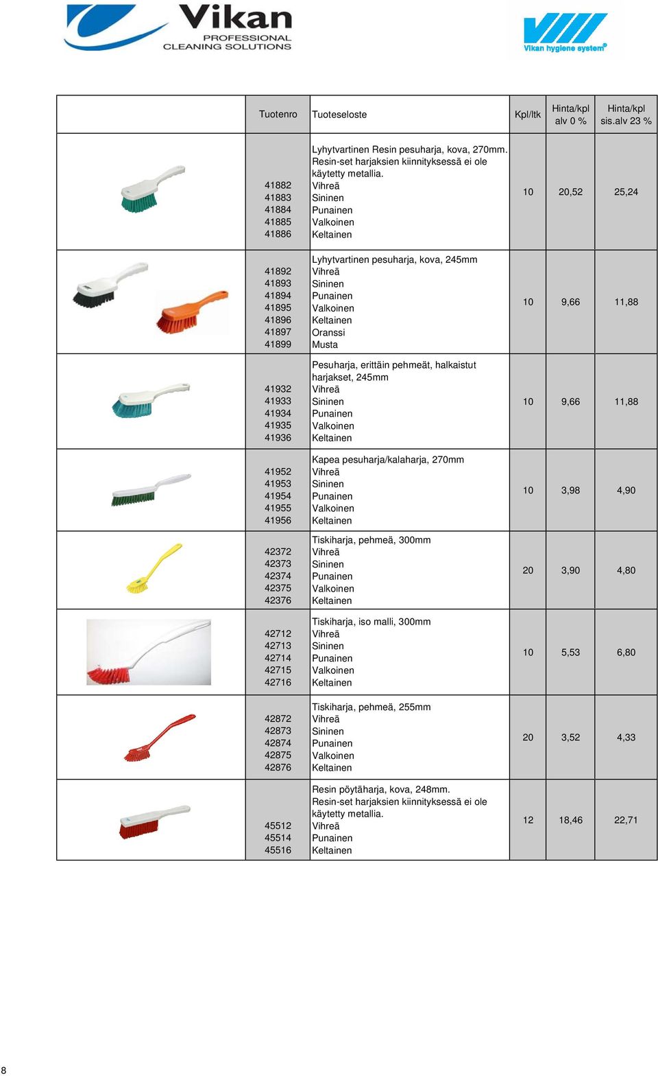 Lyhytvartinen pesuharja, kova, 245mm Pesuharja, erittäin pehmeät, halkaistut harjakset, 245mm Kapea pesuharja/kalaharja, 270mm Tiskiharja, pehmeä, 300mm Tiskiharja, iso malli, 300mm