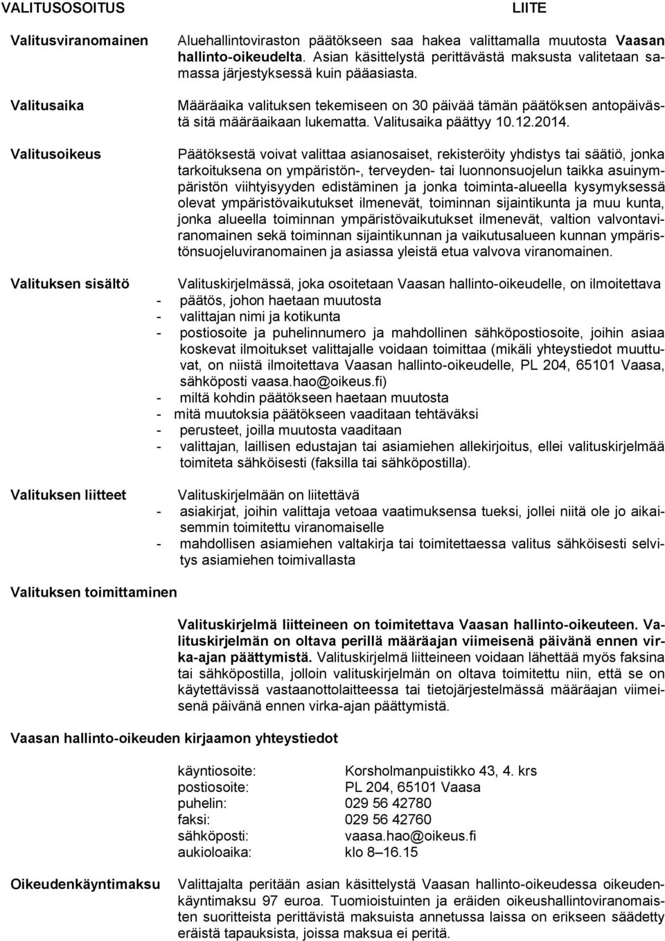 Valitusaika päättyy 10.12.2014.