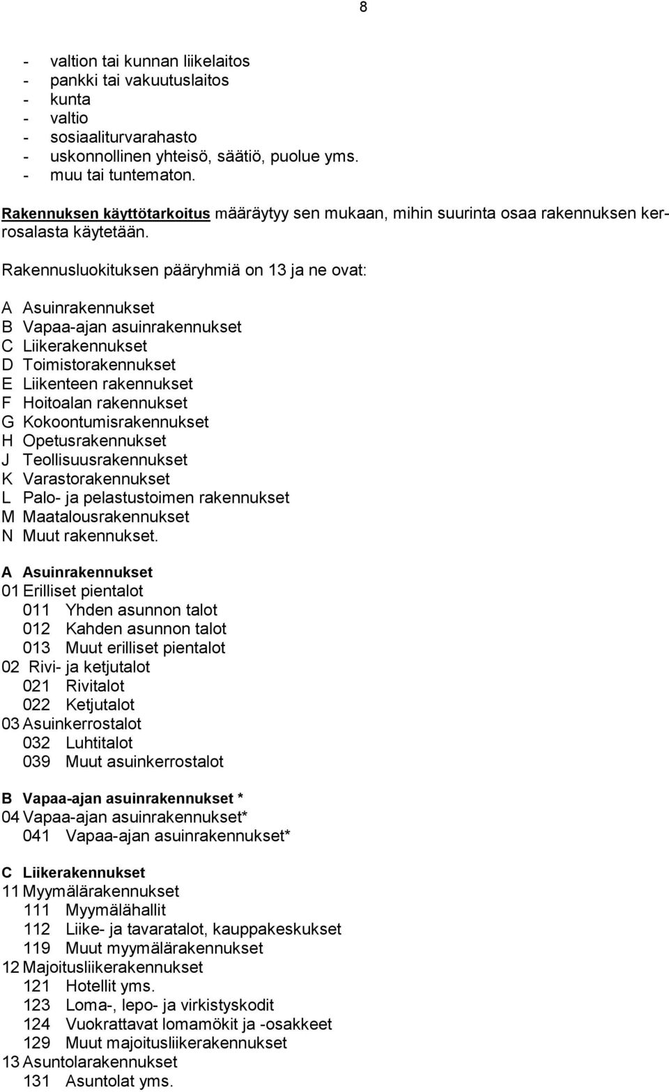 Rakennusluokituksen pääryhmiä on 13 ja ne ovat: A Asuinrakennukset B Vapaa-ajan asuinrakennukset C Liikerakennukset D Toimistorakennukset E Liikenteen rakennukset F Hoitoalan rakennukset G