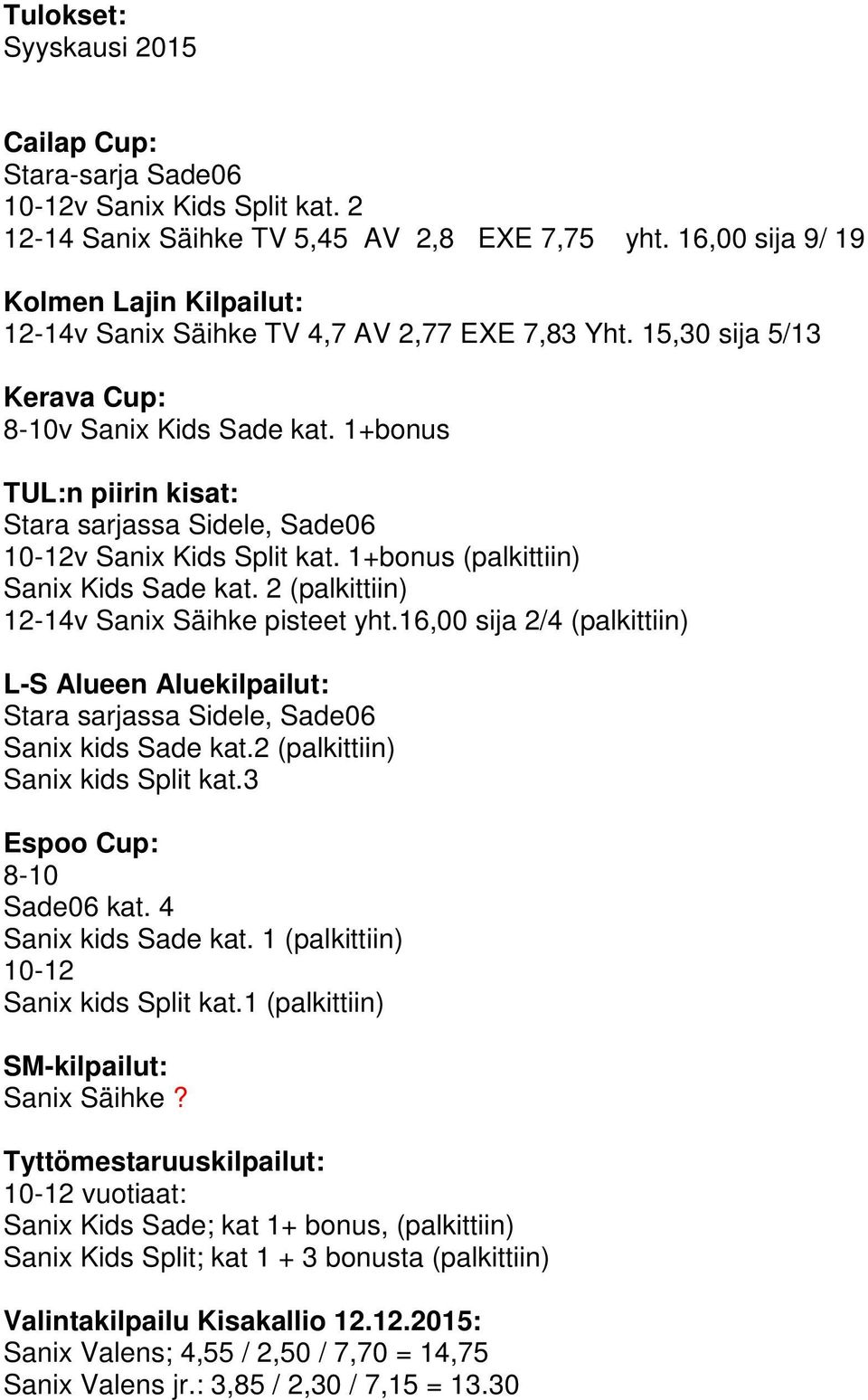 1+bonus TUL:n piirin kisat: Stara sarjassa Sidele, Sade06 10-12v Sanix Kids Split kat. 1+bonus (palkittiin) Sanix Kids Sade kat. 2 (palkittiin) 12-14v Sanix Säihke pisteet yht.