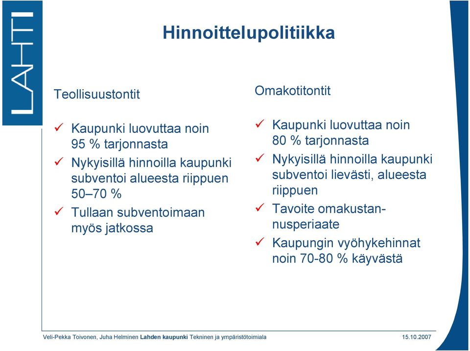 Omakotitontit Kaupunki luovuttaa noin 80 % tarjonnasta Nykyisillä hinnoilla kaupunki subventoi