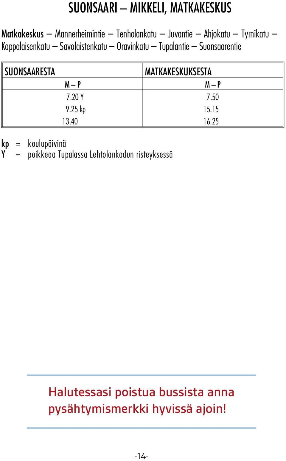 MATKAKESKUKSESTA M P M P 7.20 Y 7.50 9.25 kp 15.15 13.40 16.