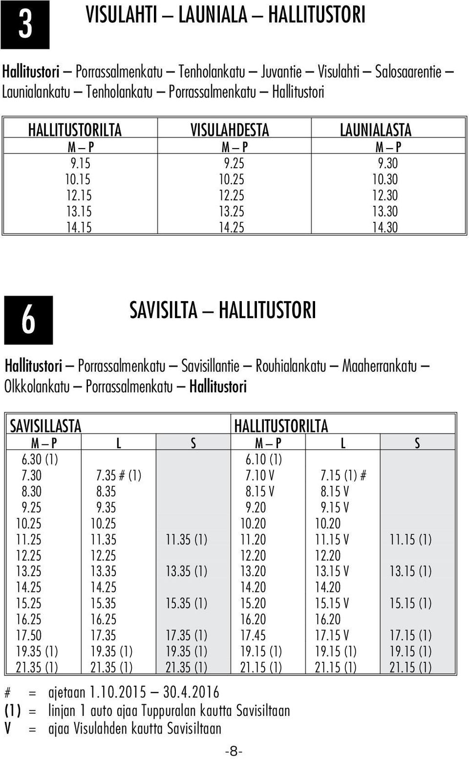 30 6 SAVISILTA HALLITUSTORI Hallitustori Porrassalmenkatu Savisillantie Rouhialankatu Maaherrankatu Olkkolankatu Porrassalmenkatu Hallitustori SAVISILLASTA HALLITUSTORILTA M P L S M P L S 6.30 (1) 6.