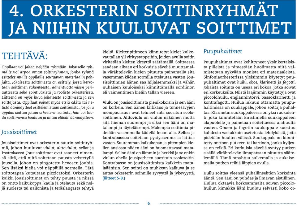 Jokaisesta soittimesta on esittely, jossa kerrotaan soittimen rakenteesta, äänentuottamisen periaatteesta sekä sointiväristä ja roolista orkesterissa.