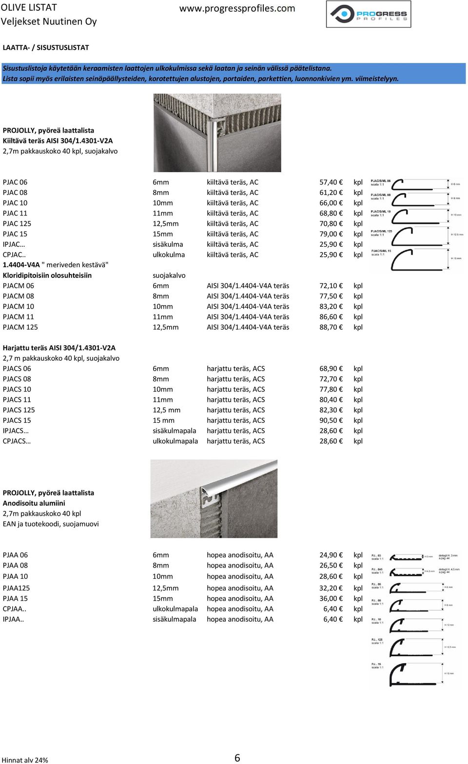 4301-V2A 2,7m pakkauskoko 40 kpl, suojakalvo PJAC 06 6mm kiiltävä teräs, AC 57,40 kpl PJAC 08 8mm kiiltävä teräs, AC 61,20 kpl PJAC 10 10mm kiiltävä teräs, AC 66,00 kpl PJAC 11 11mm kiiltävä teräs,