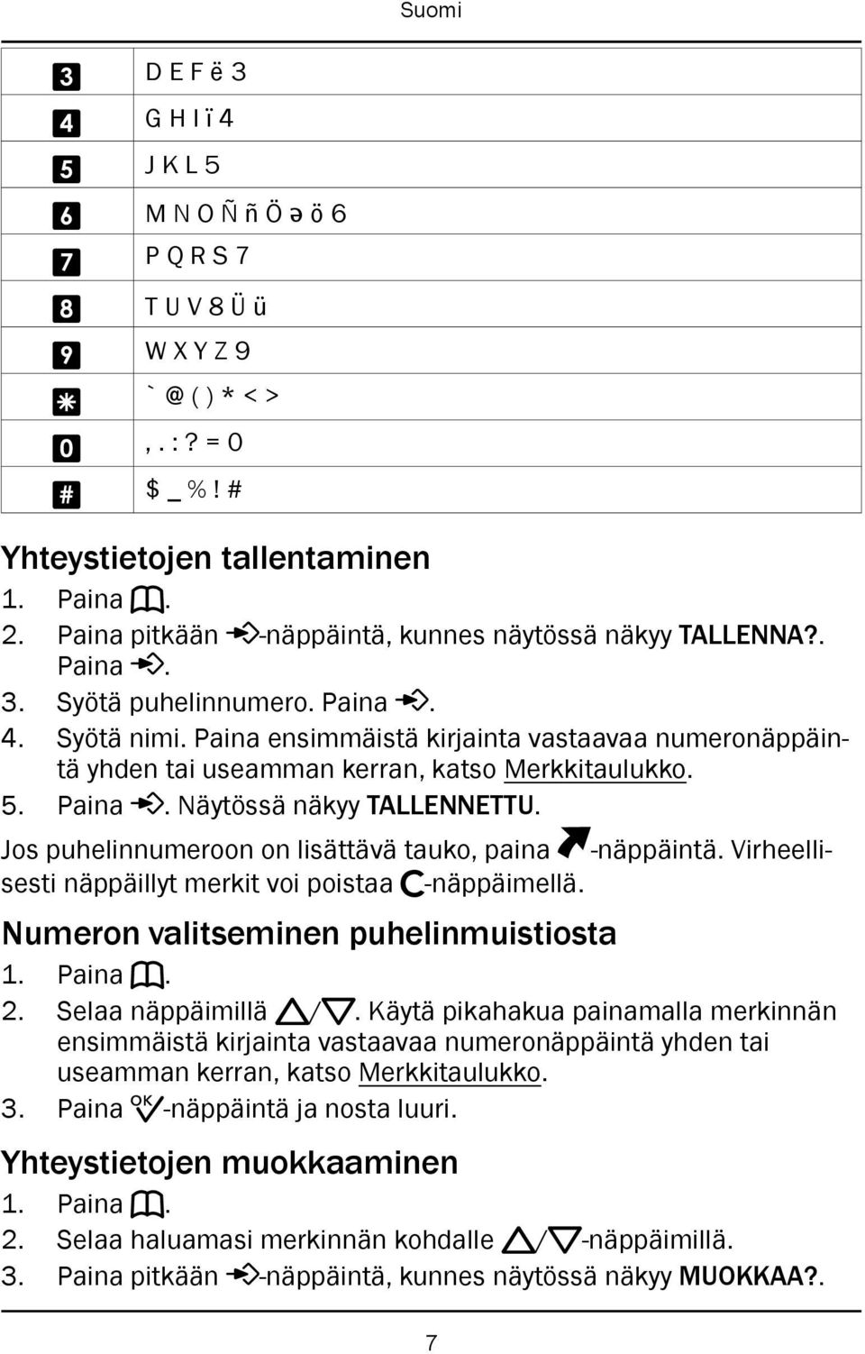 Paina ensimmäistä kirjainta vastaavaa numeronäppäintä yhden tai useamman kerran, katso Merkkitaulukko. 5. Paina. Näytössä näkyy TALLENNETTU. Jos puhelinnumeroon on lisättävä tauko, paina -näppäintä.