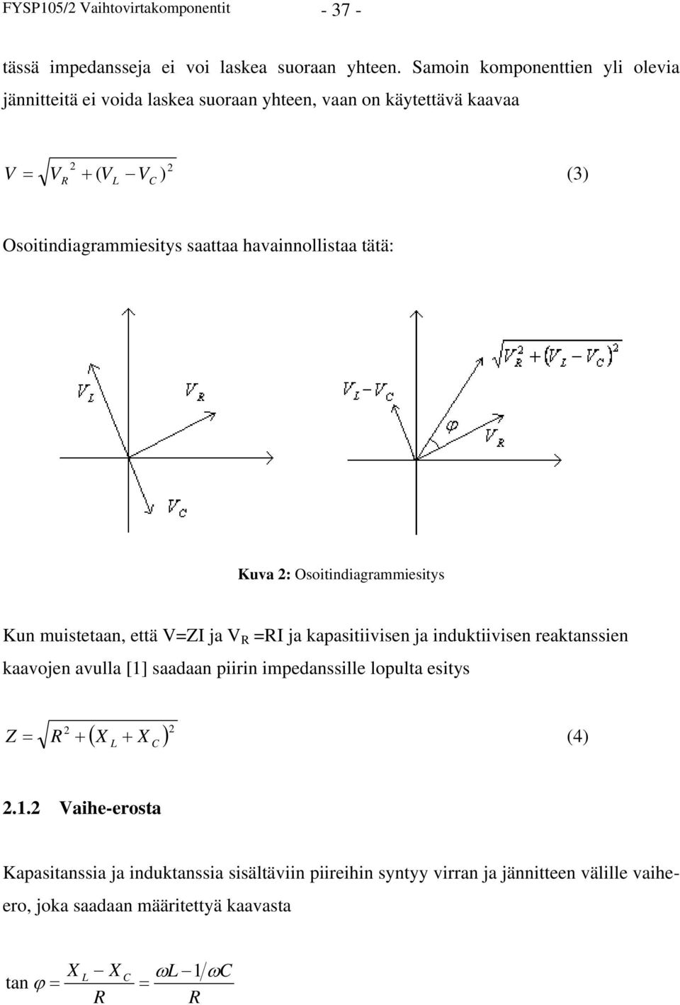 havainnollistaa tätä: Kuva 2: Osoitindiagrammiesitys Kun muistetaan, että V=ZI ja V R =RI ja kapasitiivisen ja induktiivisen reaktanssien kaavojen avulla [1]