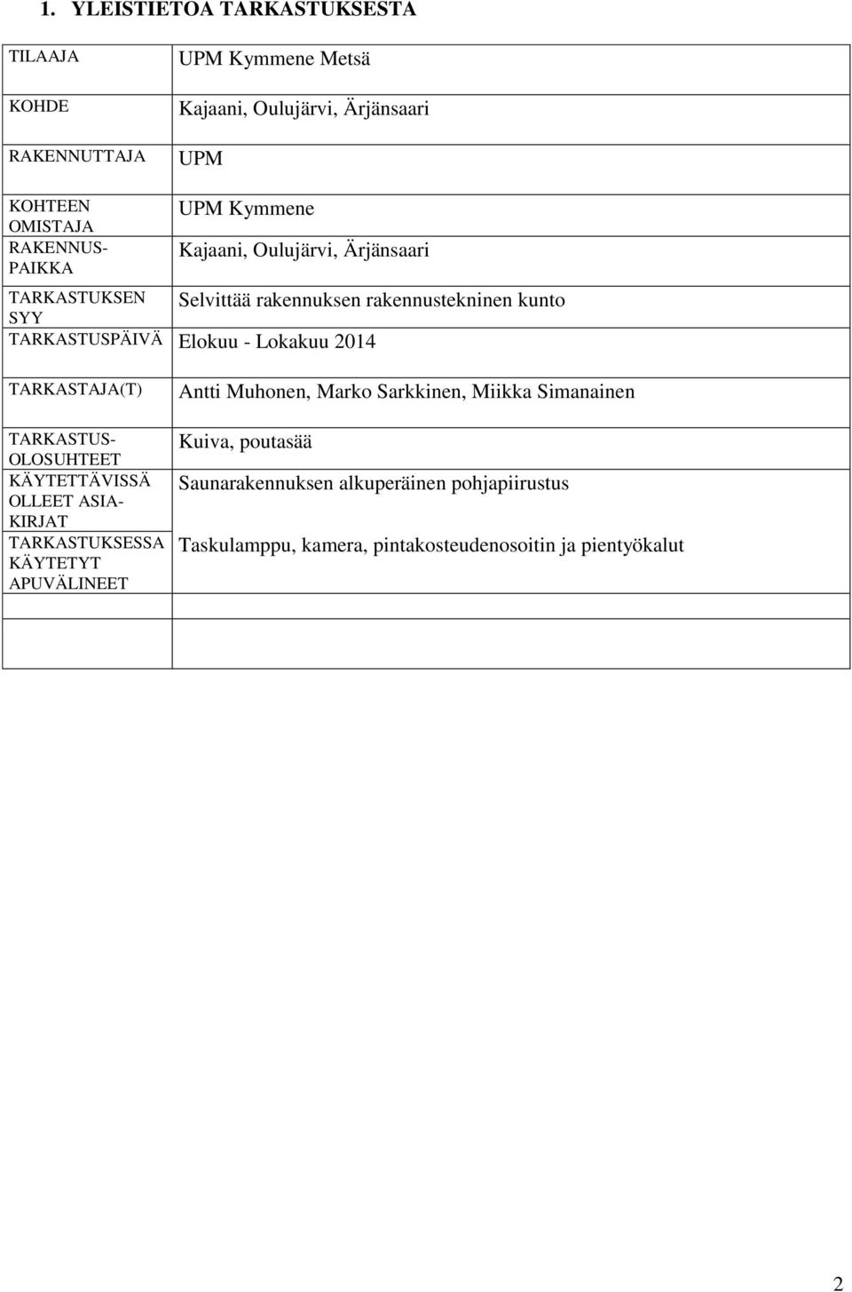 Lokakuu 2014 TARKASTAJA(T) TARKASTUS- OLOSUHTEET KÄYTETTÄVISSÄ OLLEET ASIA- KIRJAT TARKASTUKSESSA KÄYTETYT APUVÄLINEET Antti Muhonen, Marko