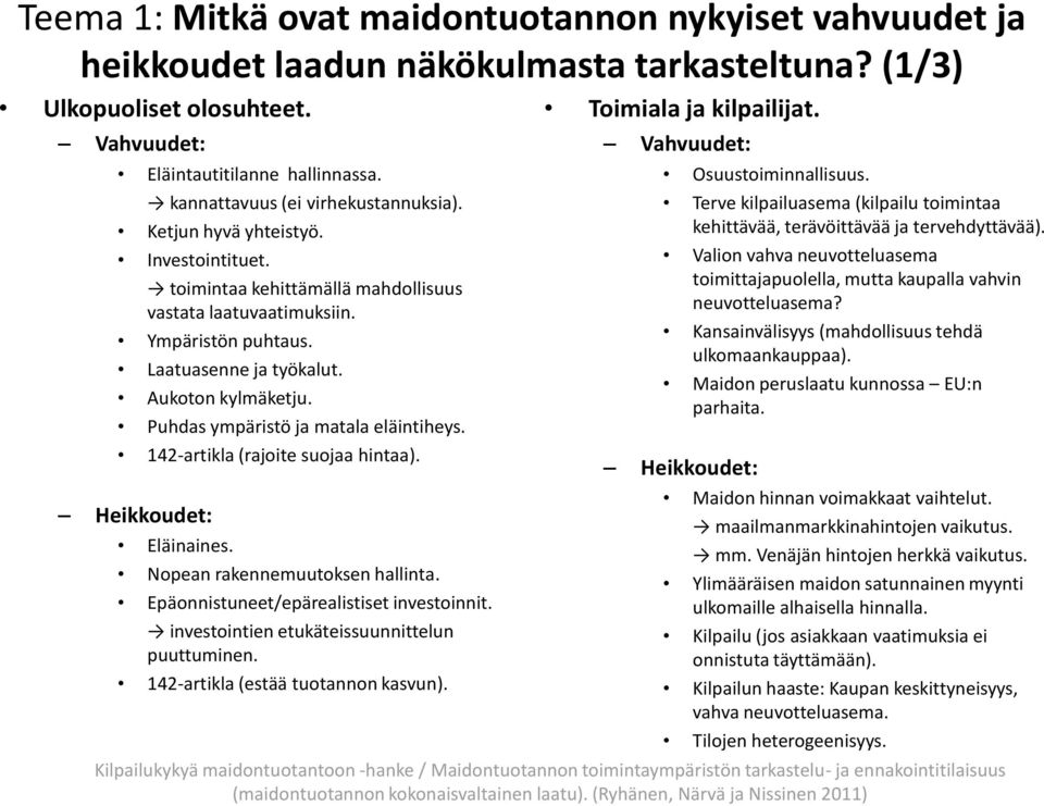 Aukoton kylmäketju. Puhdas ympäristö ja matala eläintiheys. 142-artikla (rajoite suojaa hintaa). Eläinaines. Nopean rakennemuutoksen hallinta. Epäonnistuneet/epärealistiset investoinnit.