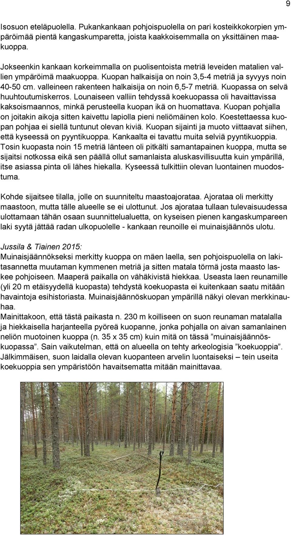 valleineen rakenteen halkaisija on noin 6,5-7 metriä. Kuopassa on selvä huuhtoutumiskerros.