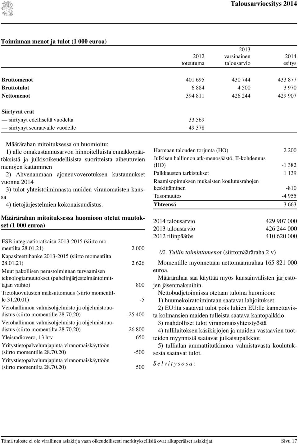 aiheutuvien menojen kattaminen 2) Ahvenanmaan ajoneuvoverotuksen kustannukset vuonna 3) tulot yhteistoiminnasta muiden viranomaisten kanssa 4) tietojärjestelmien kokonaisuudistus.