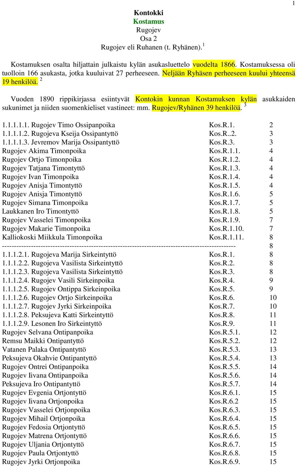 2 Vuoden 1890 rippikirjassa esiintyvät Kontokin kunnan Kostamuksen kylän asukkaiden sukunimet ja niiden suomenkieliset vastineet: mm. Rugojev/Ryhänen 39 henkilöä. 3 1.1.1.1.1. Rugojev Timo Ossipanpoika Kos.