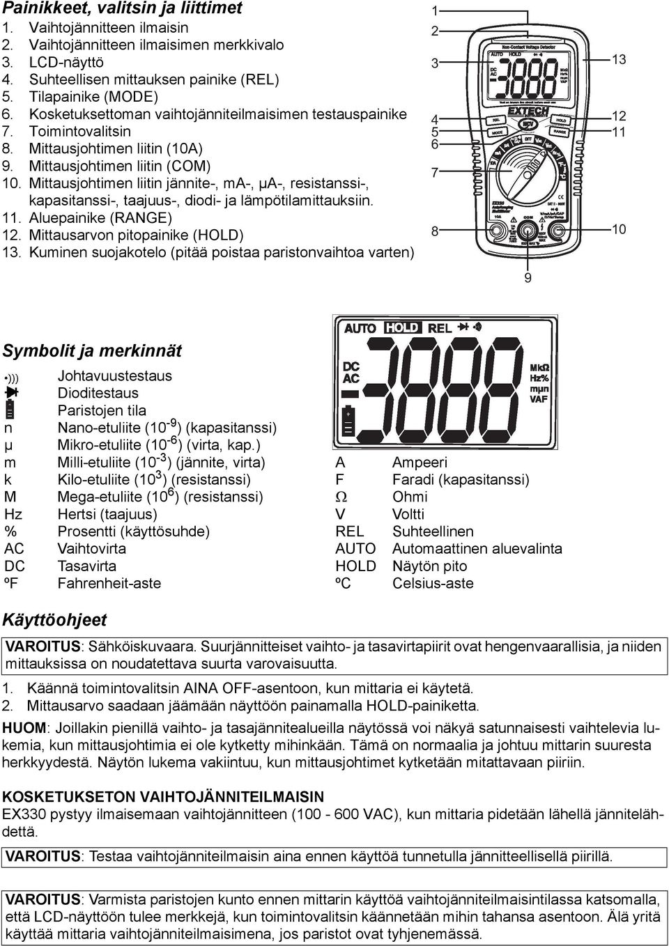 Mittausjohtimen liitin jännite-, ma-, µa-, resistanssi-, kapasitanssi-, taajuus-, diodi- ja lämpötilamittauksiin. 11. Aluepainike (RANGE) 12. Mittausarvon pitopainike (HOLD) 13.