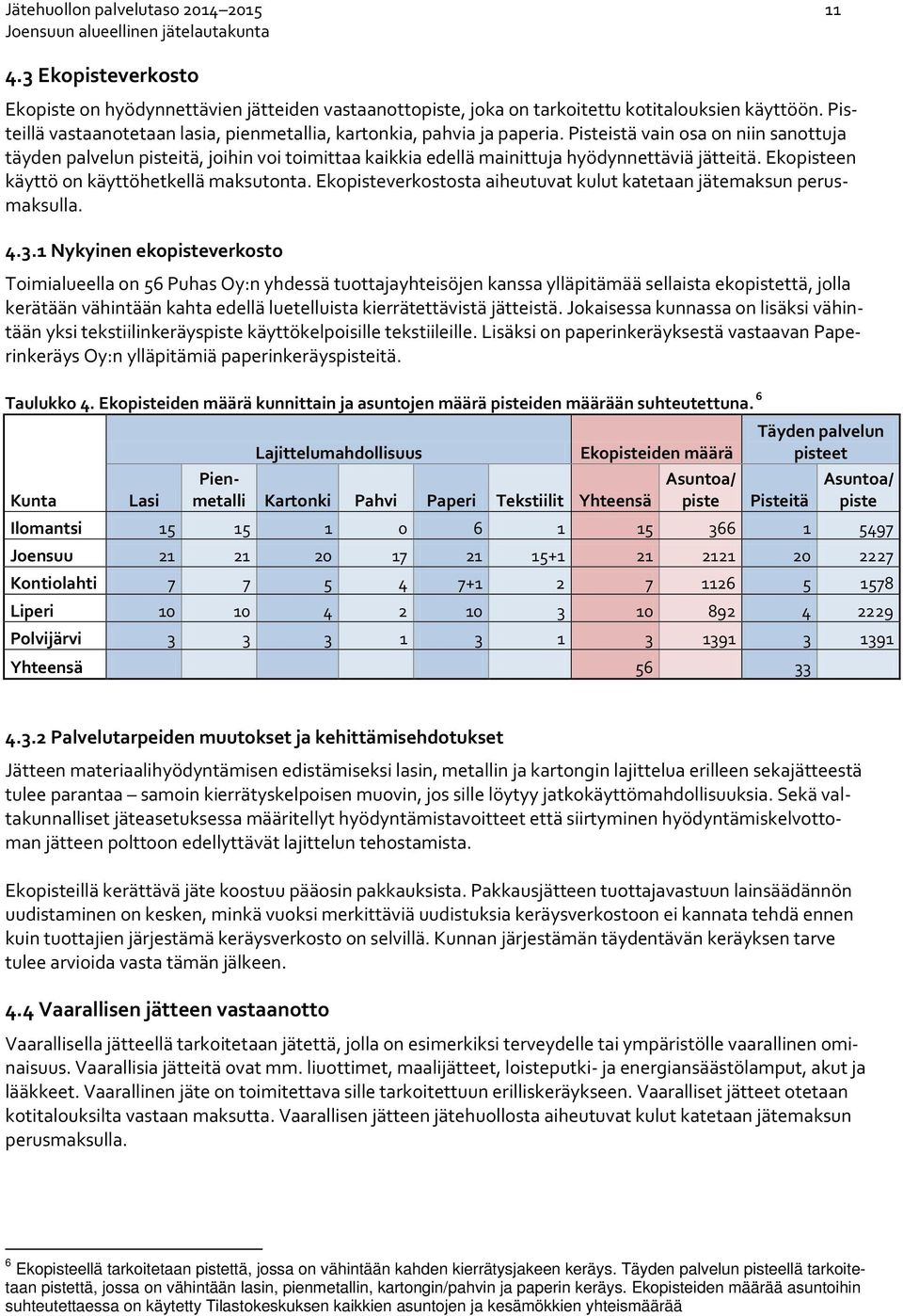 Pisteistä vain osa on niin sanottuja täyden palvelun pisteitä, joihin voi toimittaa kaikkia edellä mainittuja hyödynnettäviä jätteitä. Ekopisteen käyttö on käyttöhetkellä maksutonta.