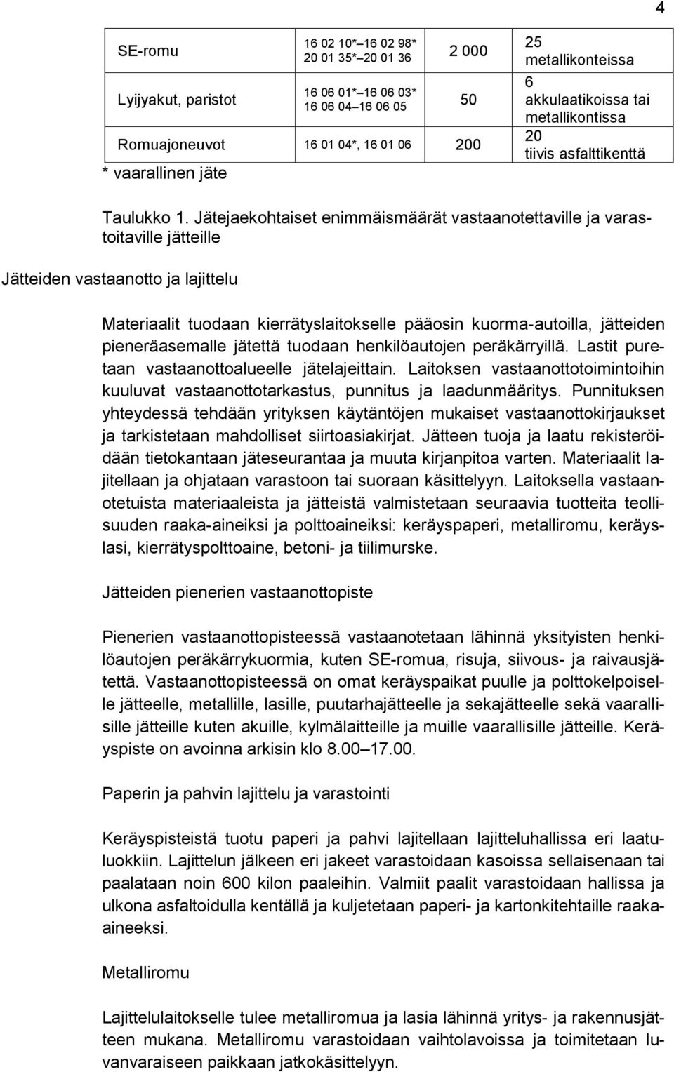 Jätejaekohtaiset enimmäismäärät vastaanotettaville ja varastoitaville jätteille Jätteiden vastaanotto ja lajittelu Materiaalit tuodaan kierrätyslaitokselle pääosin kuorma-autoilla, jätteiden