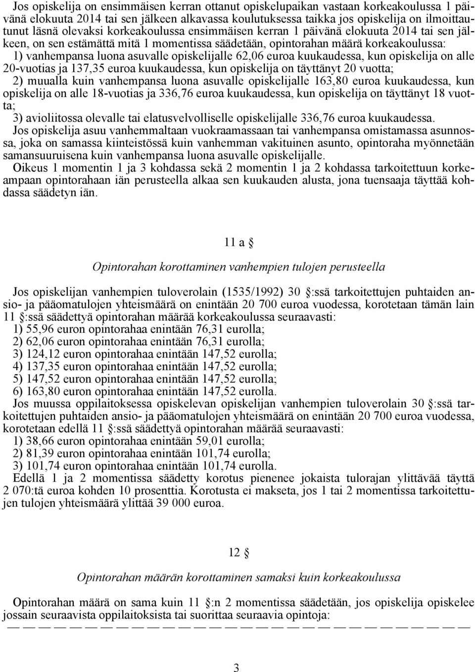 opiskelijalle 62,06 euroa kuukaudessa, kun opiskelija on alle 20-vuotias ja 137,35 euroa kuukaudessa, kun opiskelija on täyttänyt 20 vuotta; 2) muualla kuin vanhempansa luona asuvalle opiskelijalle