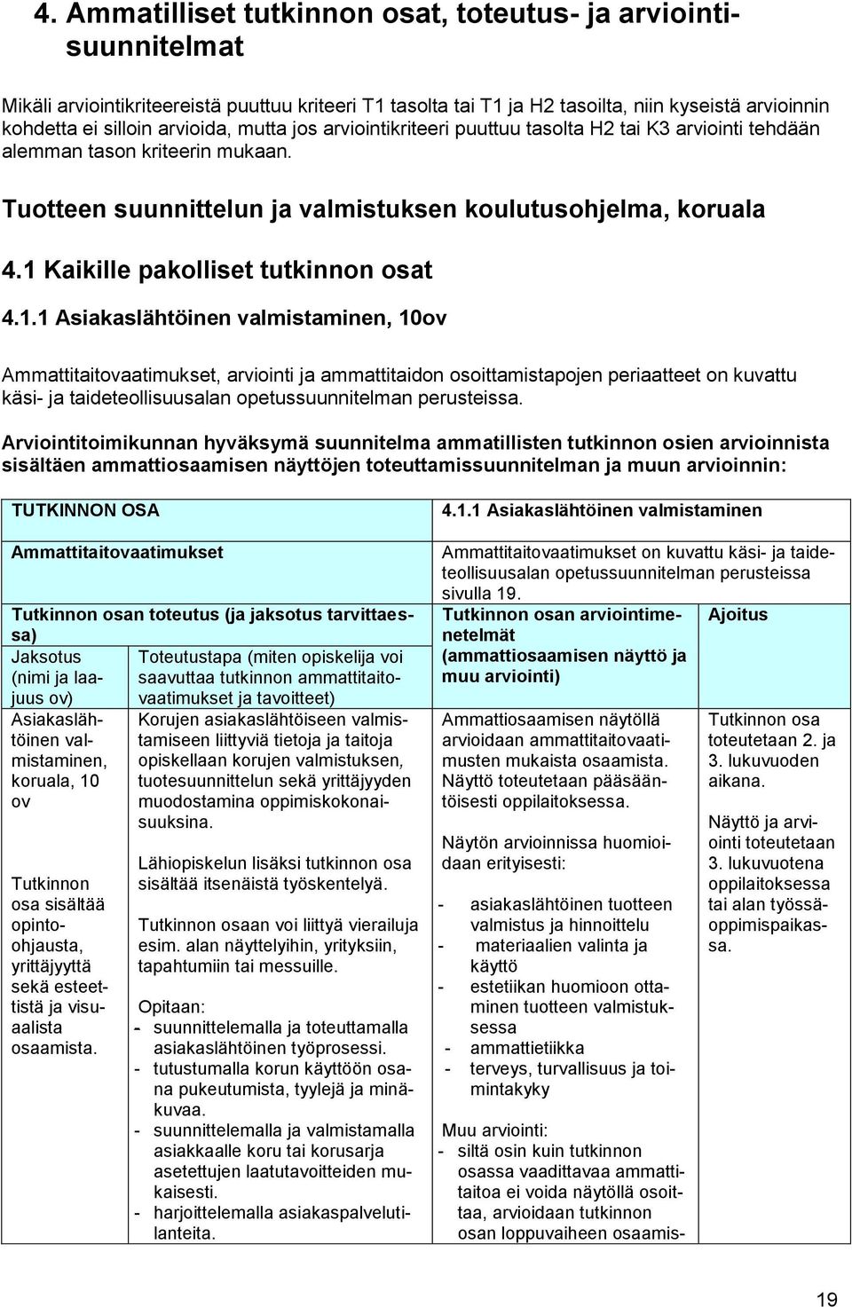 1 Kaikille pakolliset tutkinnon osat 4.1.1 Asiakaslähtöinen valmistaminen, 10ov Ammattitaitovaatimukset, arviointi ja ammattitaidon osoittamistapojen periaatteet on kuvattu käsi- ja taideteollisuusalan opetussuunnitelman perusteissa.