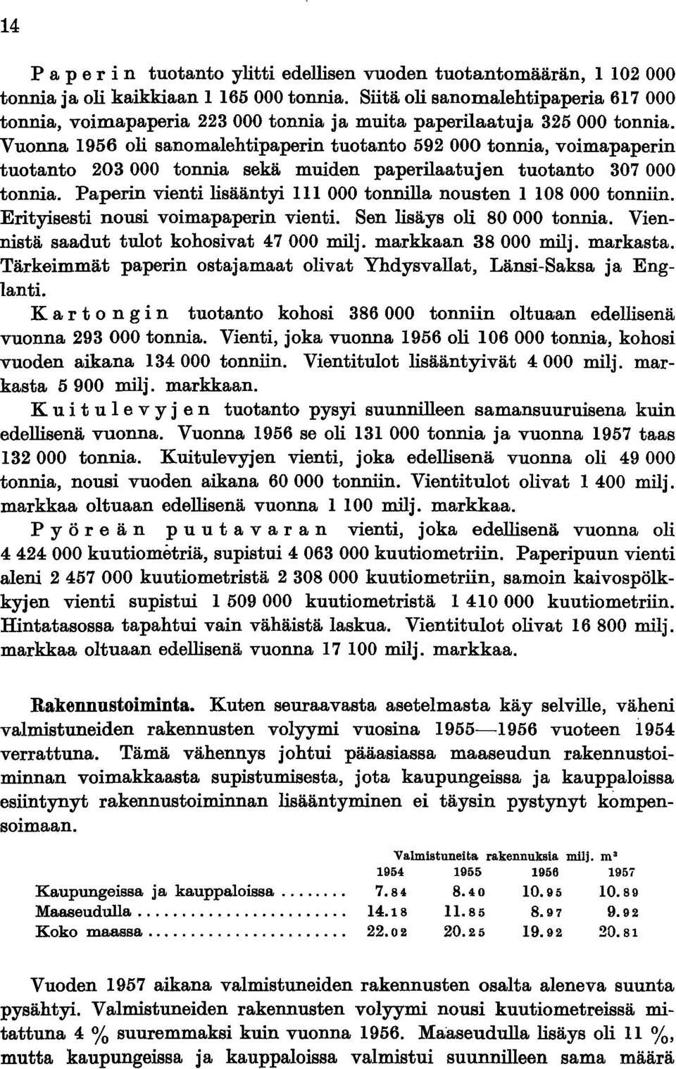 Vuonna 1956 oli sanomalehtipaperin tuotanto 592000 tonnia, voimapaperin tuotanto 203000 tonnia sekä muiden paperilaatujen tuotanto 307000 tonnia.