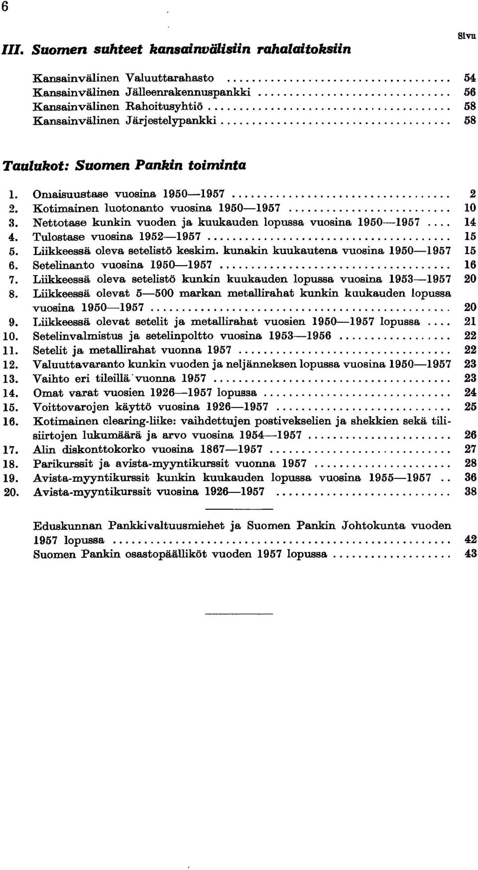 Kotimainen luotonanto vuosina 1950-1957... 10 3. Nettotase kunkin vuoden ja kuukauden lopussa vuosina 1950-1957... 14 4. Tulostase vuosina 1952-1957... 15 5. Liikkeessä oleva setelistö keskim.