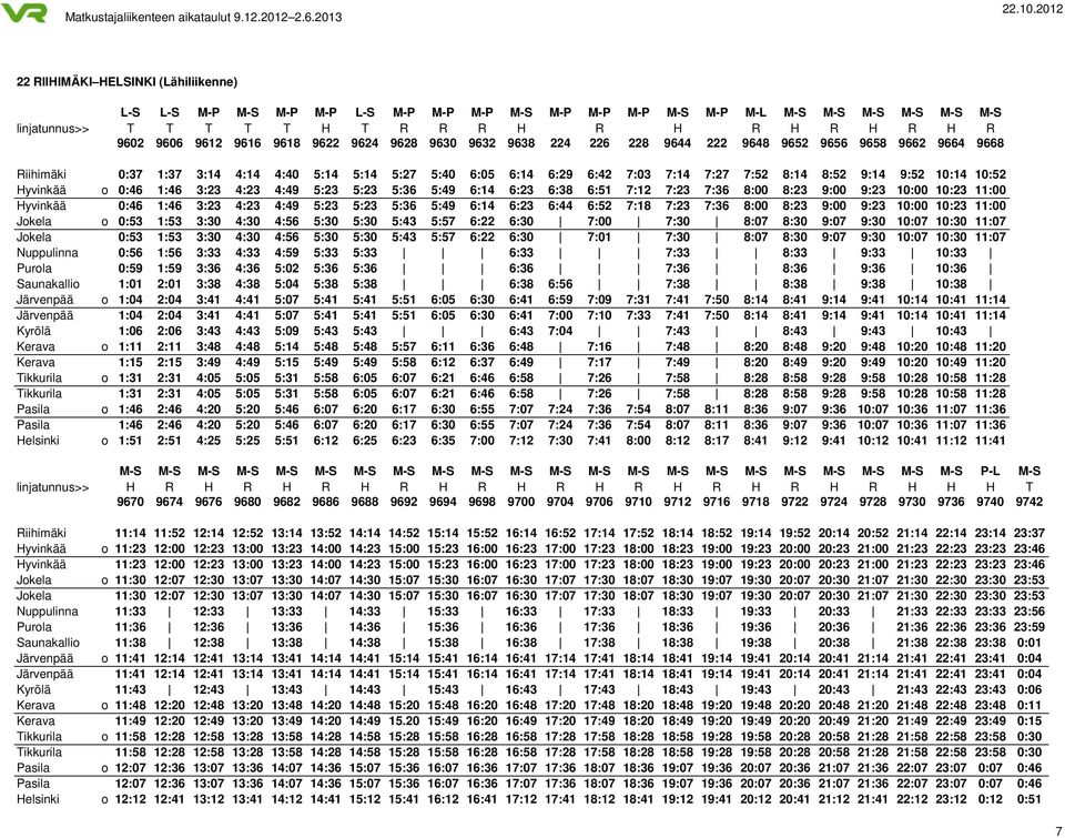 8:52 9:14 9:52 10:14 10:52 Hyvinkää o 0:46 1:46 3:23 4:23 4:49 5:23 5:23 5:36 5:49 6:14 6:23 6:38 6:51 7:12 7:23 7:36 8:00 8:23 9:00 9:23 10:00 10:23 11:00 Hyvinkää 0:46 1:46 3:23 4:23 4:49 5:23 5:23