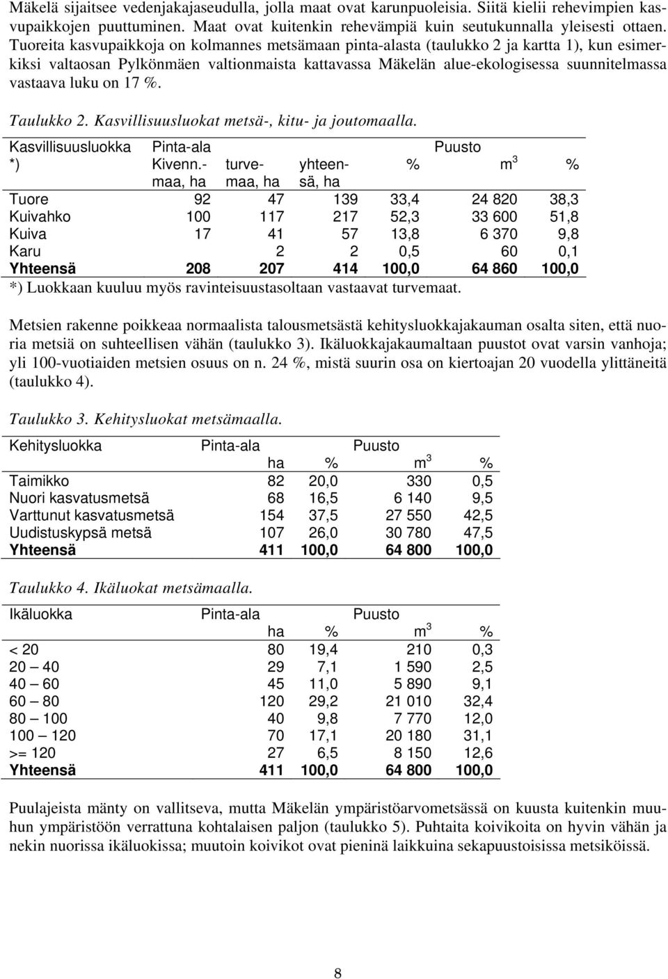 luku on 17 %. Taulukko 2. Kasvillisuusluokat metsä-, kitu- ja joutomaalla. Kasvillisuusluokka Pinta-ala Puusto *) Kivenn.