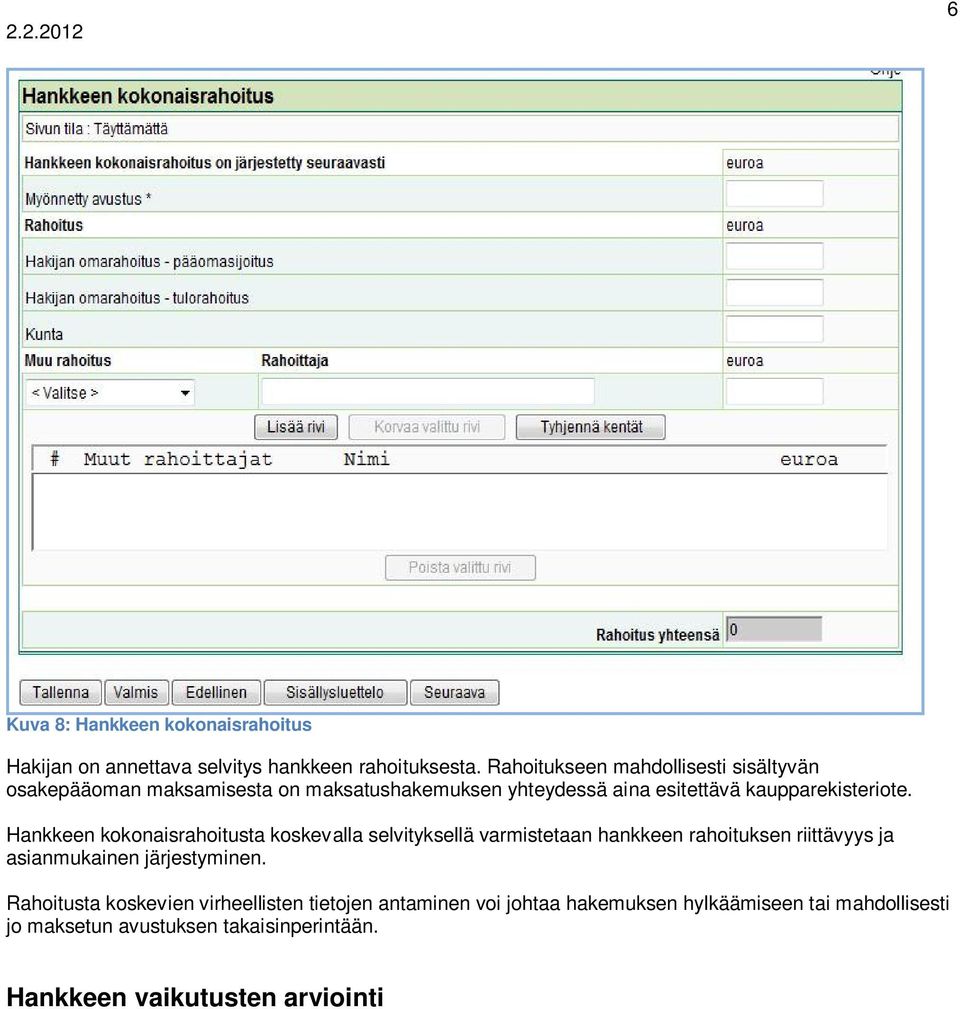 Hankkeen kokonaisrahoitusta koskevalla selvityksellä varmistetaan hankkeen rahoituksen riittävyys ja asianmukainen järjestyminen.