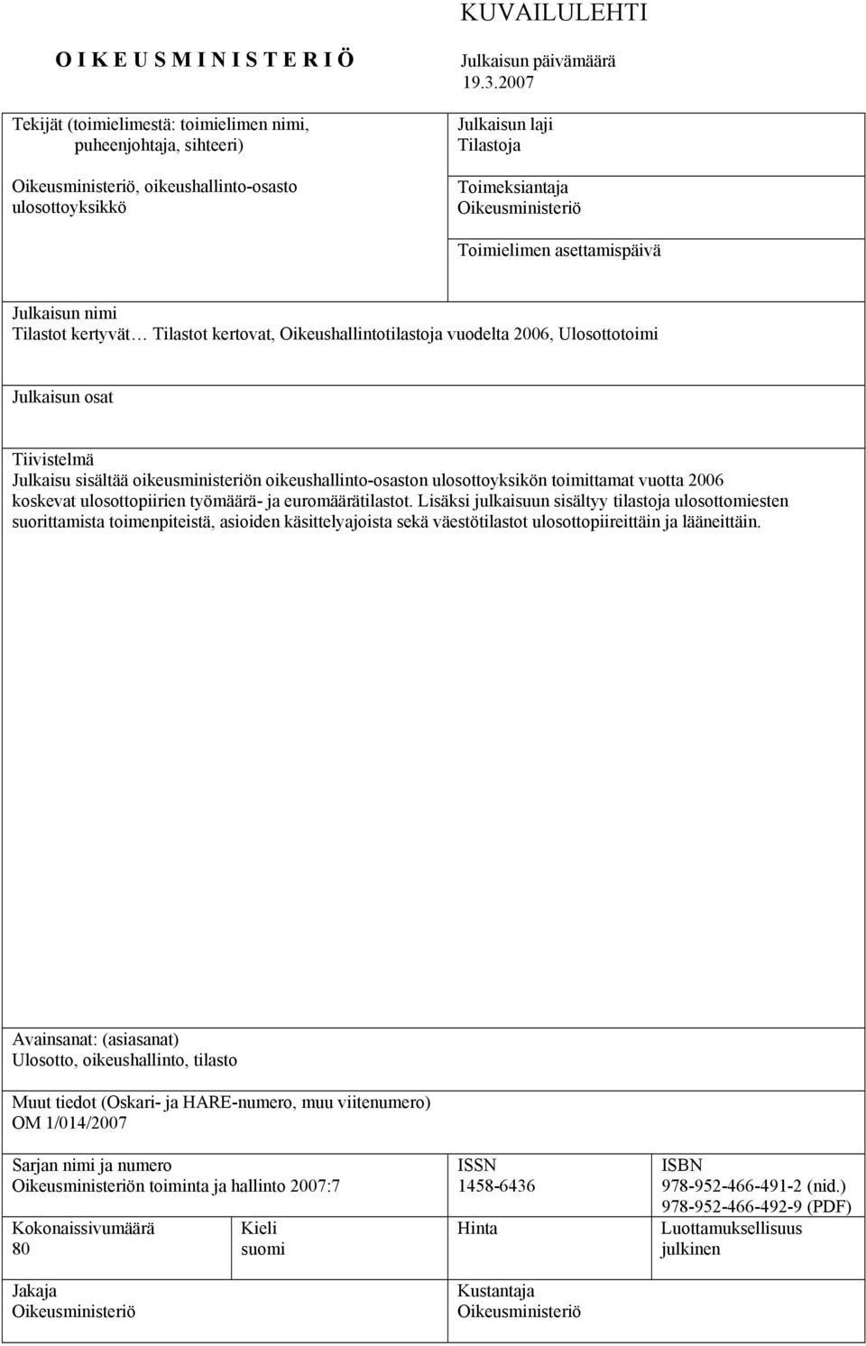 Julkaisun osat Tiivistelmä Julkaisu sisältää oikeusministeriön oikeushallinto-osaston ulosottoyksikön toimittamat vuotta 2006 koskevat ulosottopiirien työmäärä- ja euromäärätilastot.