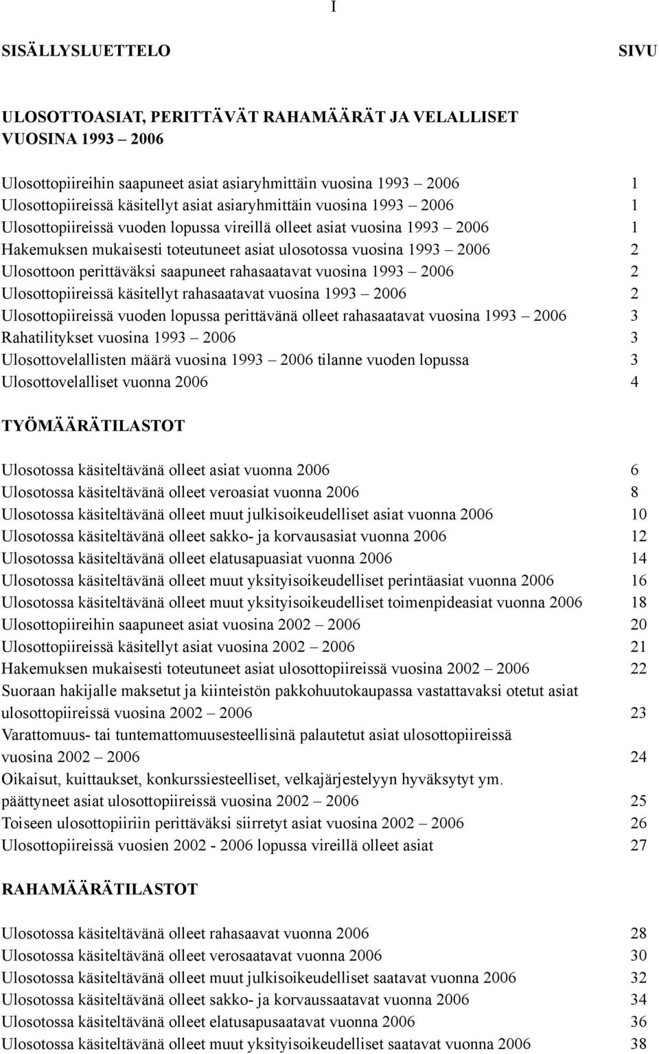 perittäväksi saapuneet rahasaatavat vuosina 1993 2006 2 Ulosottopiireissä käsitellyt rahasaatavat vuosina 1993 2006 2 Ulosottopiireissä vuoden lopussa perittävänä olleet rahasaatavat vuosina 1993