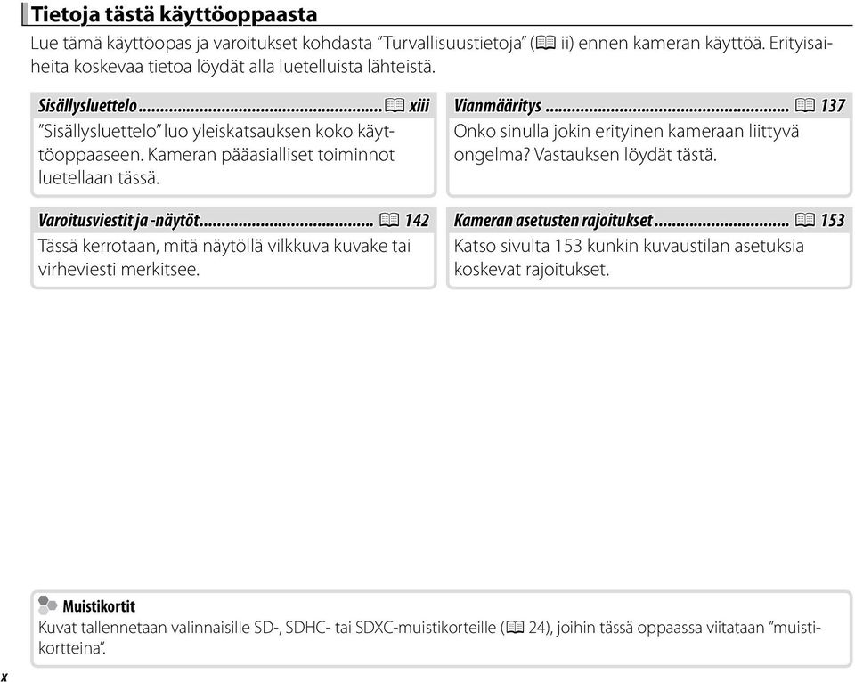 .. P 137 Onko sinulla jokin erityinen kameraan liittyvä ongelma? Vastauksen löydät tästä. Varoitusviestit ja -näytöt... P 142 Kameran asetusten rajoitukset.