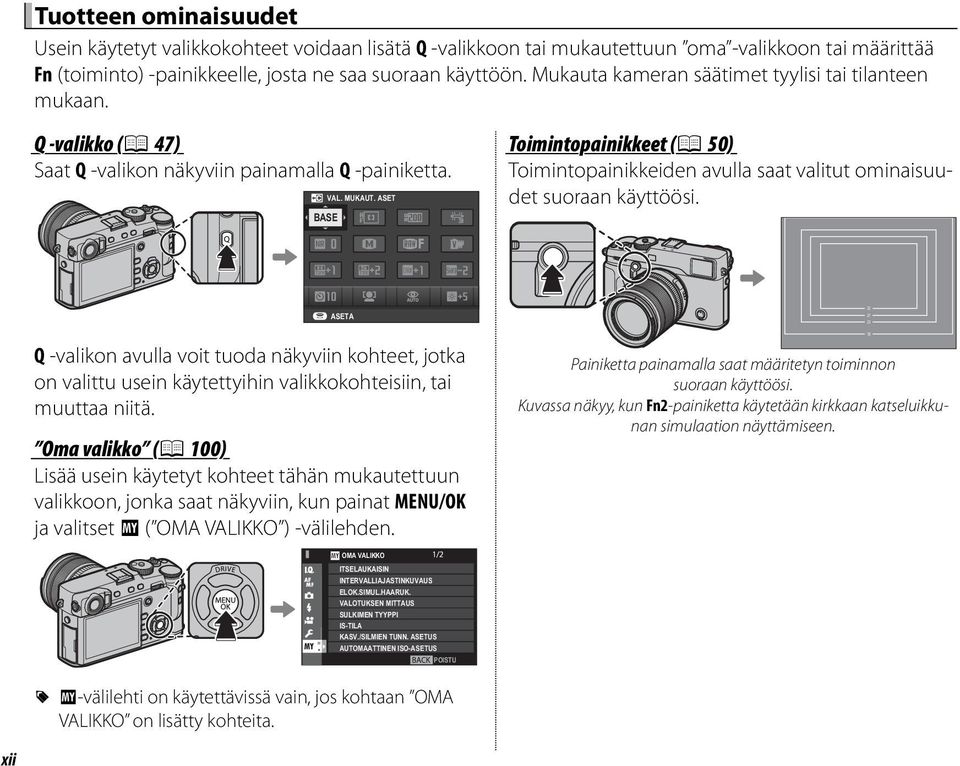ASET BASE Toimintopainikkeet (P 50) Toimintopainikkeiden avulla saat valitut ominaisuudet suoraan käyttöösi.