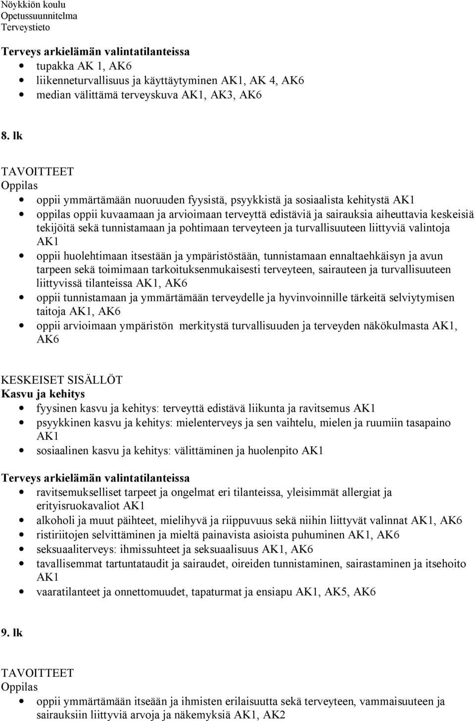 sekä tunnistamaan ja pohtimaan terveyteen ja turvallisuuteen liittyviä valintoja AK1 oppii huolehtimaan itsestään ja ympäristöstään, tunnistamaan ennaltaehkäisyn ja avun tarpeen sekä toimimaan