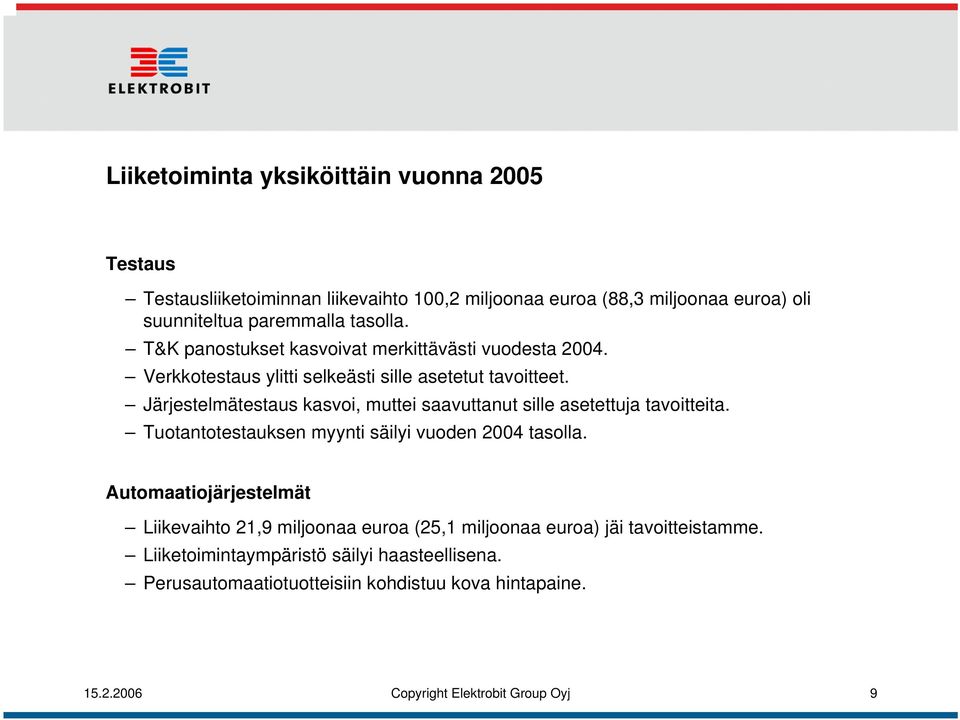 Järjestelmätestaus kasvoi, muttei saavuttanut sille asetettuja tavoitteita. Tuotantotestauksen myynti säilyi vuoden 2004 tasolla.