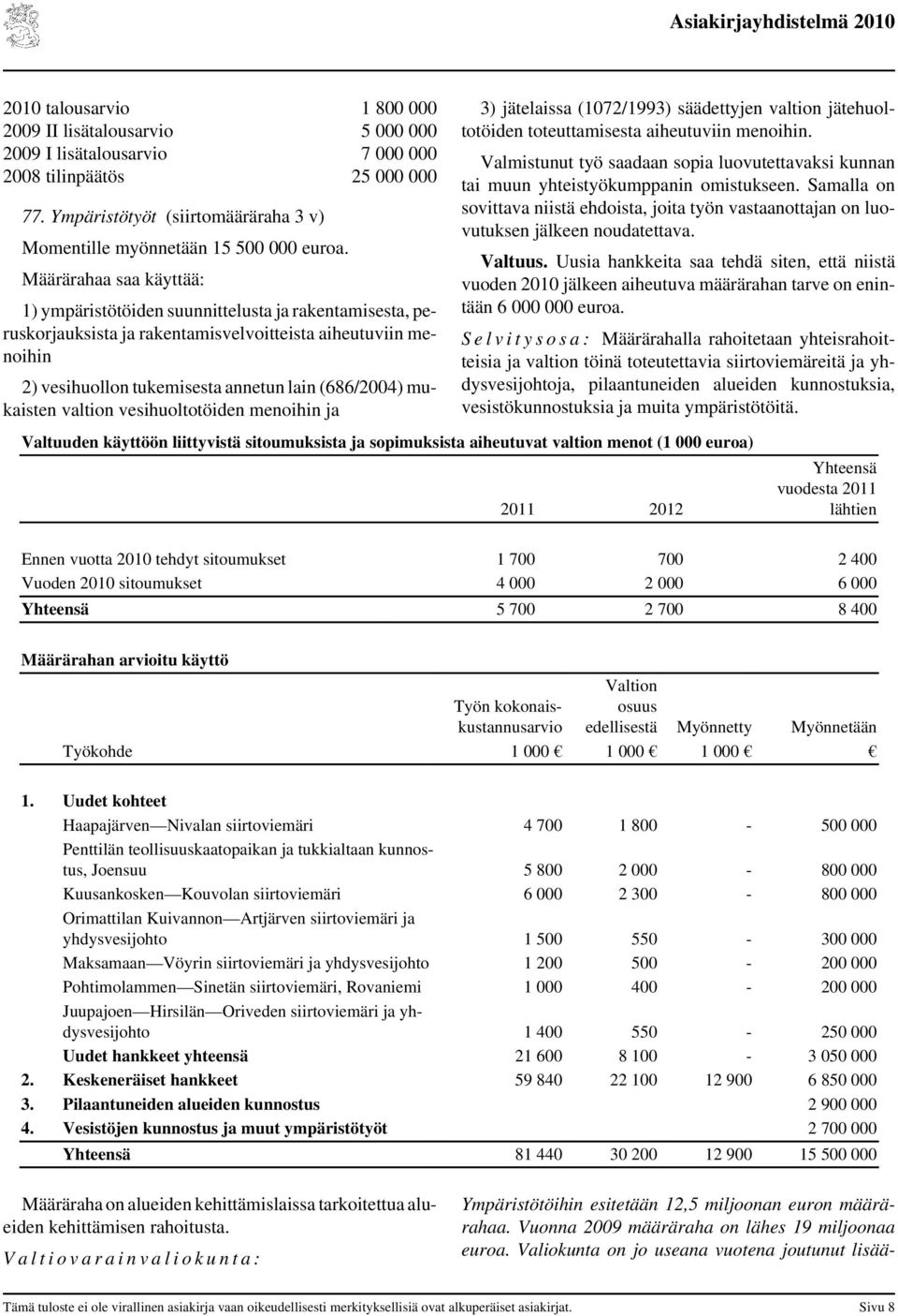 1) ympäristötöiden suunnittelusta ja rakentamisesta, peruskorjauksista ja rakentamisvelvoitteista aiheutuviin menoihin 2) vesihuollon tukemisesta annetun lain (686/2004) mukaisten valtion