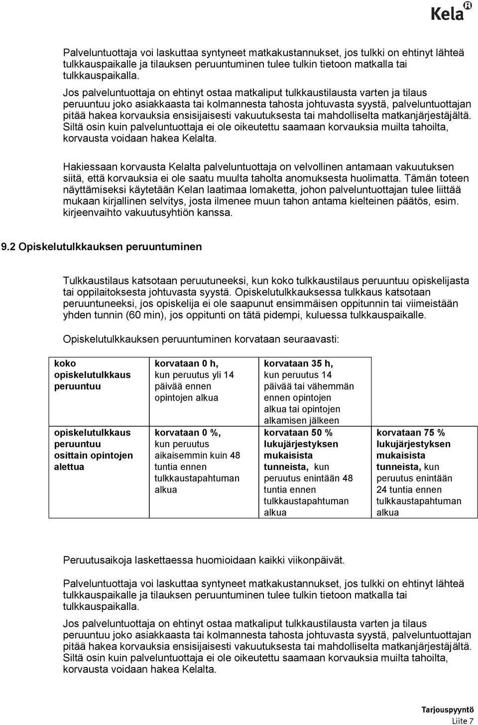 ensisijaisesti vakuutuksesta tai mahdolliselta matkanjärjestäjältä. Siltä osin kuin palveluntuottaja ei ole oikeutettu saamaan korvauksia muilta tahoilta, korvausta voidaan hakea Kelalta.